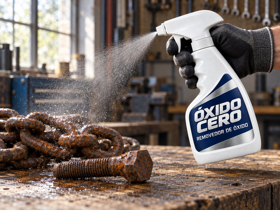 Rociando Óxido Cero sobre una pieza oxidada